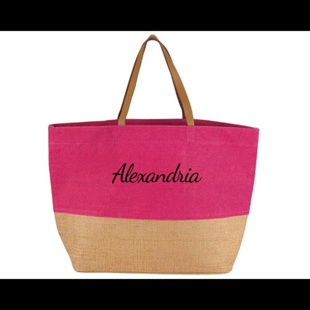 NWT Mud Pie Color Pop Jute Tote in Hot Pink Beach Bag Pool School Pompom - Picture 6 of 6